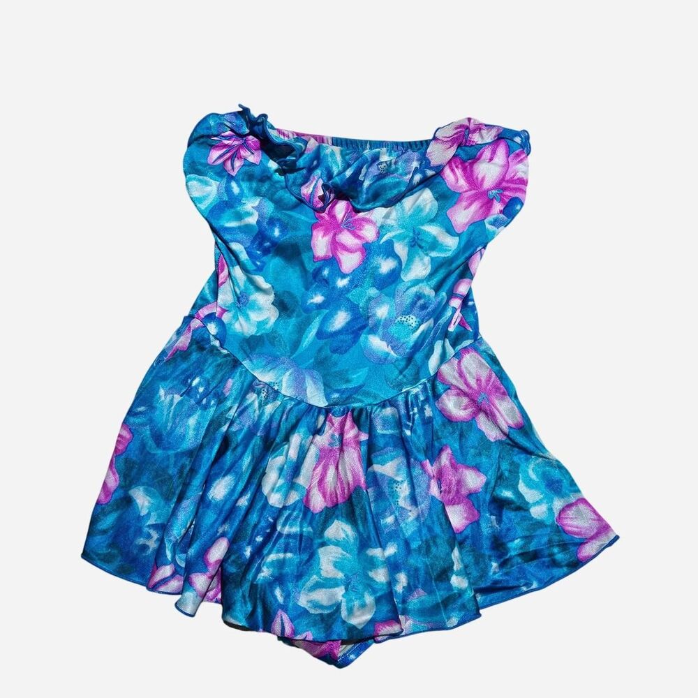 80s 90s coconut girl tropical blue pink swimsuit with skirt